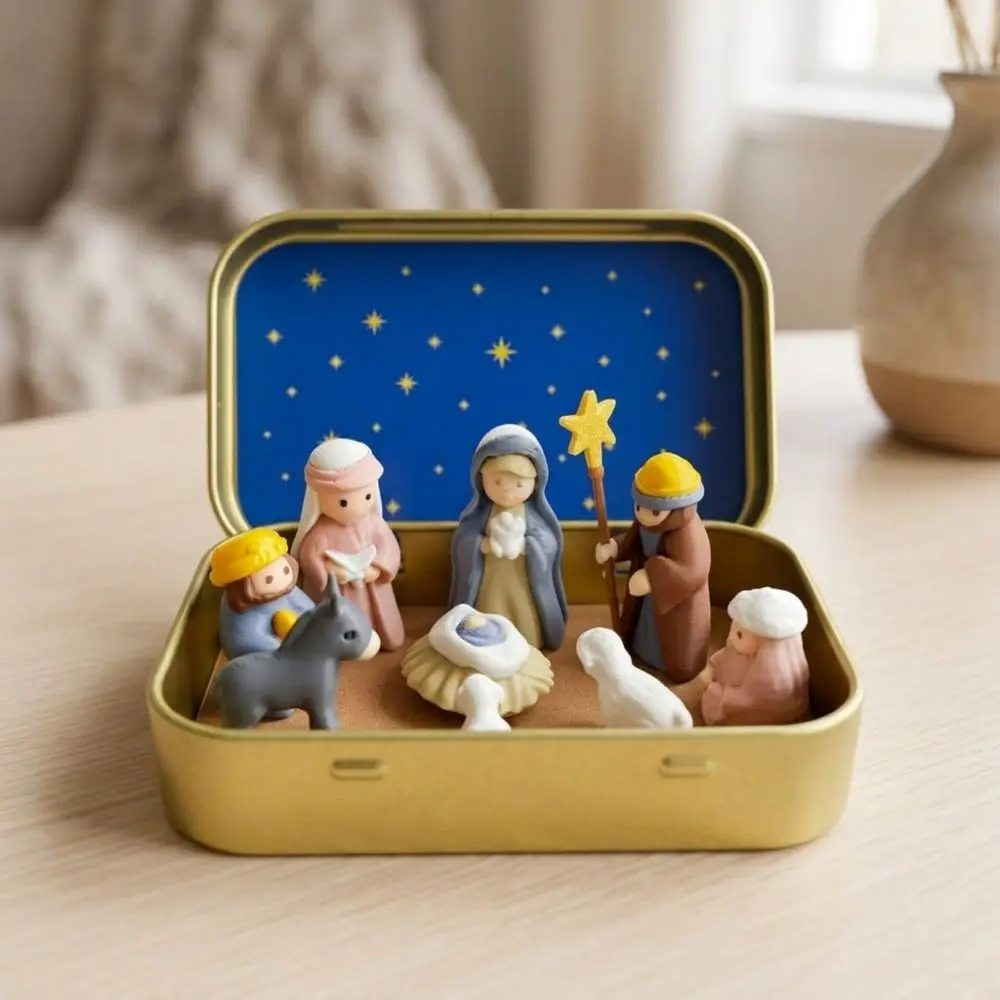 Metal Tin Box Mini Christmas Trough Set Hand Painted Holy Family Nativity Manger Scene Kit 3D Printed Shepherd Animal