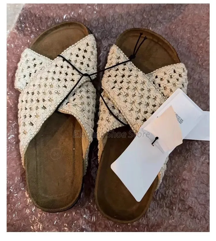 Summer New Cross Woven Slippers for Women Elegant Mesh Thick Sole Open Toe Sandals Bohemian Female Party Beach Casual Shoes