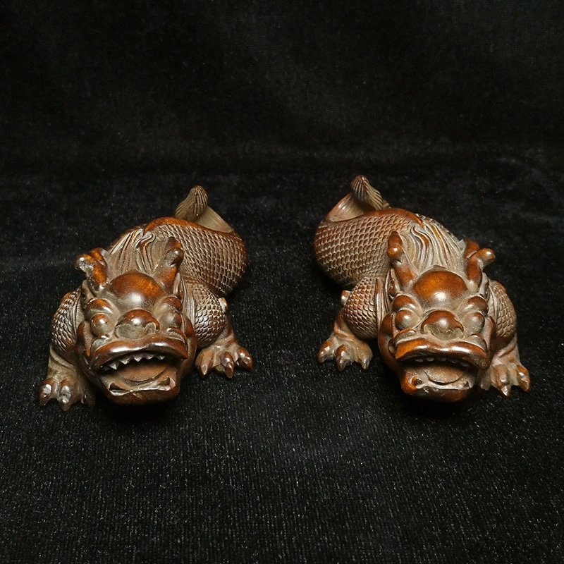 

2 Pcs Old China Boxwood Hand Carved Dragon Baby Decoration Netsuke Gift L 10 CM