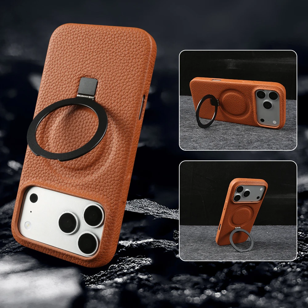 Magnetic Bracket Genuine Leather Phone Case For iphone Air 17 Pro Max 17e 16e 14 15 16 13 12 Mini Back Cover Coque Foldable Ring