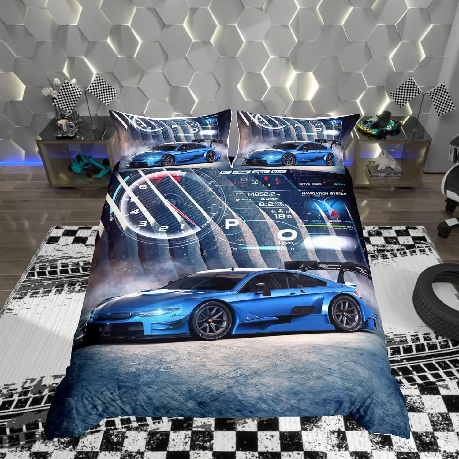 Racing Car Duvet Cover Sets Double Size Blue Grey Race Car Bedding Set With 2 Pillowcases Speed Sports Automobile
