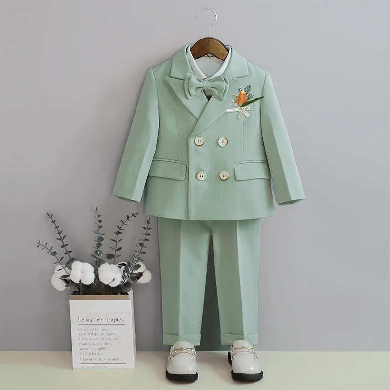 Fast Ship Solid Color Boys Suit Set Including Blazer Pants Tie Single Breasted Kids Tuxedo Set From 3 to 14 Years Outfit