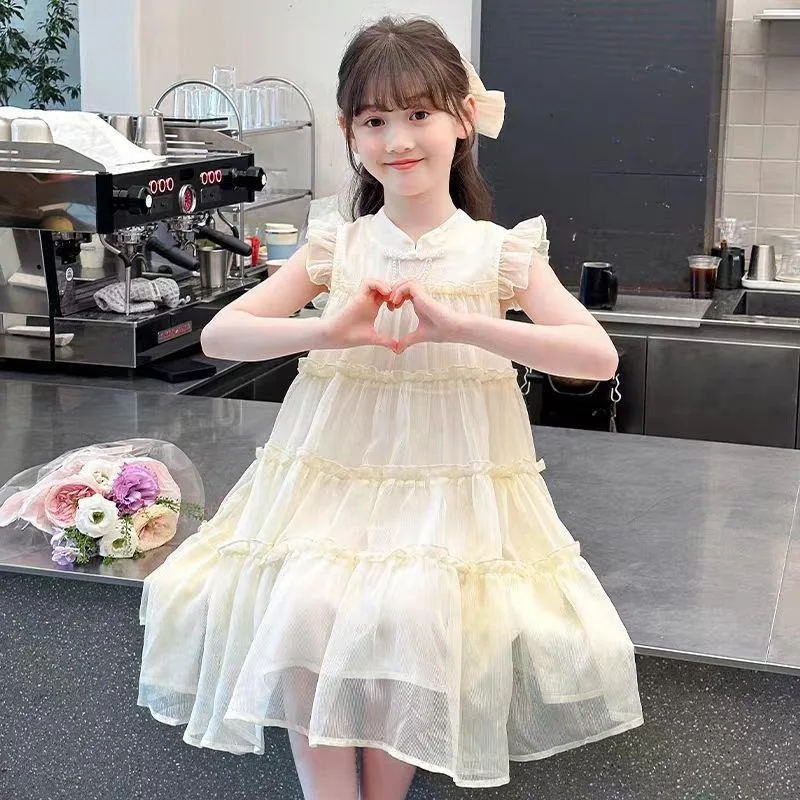 Girls Sleeveless Princess Dresses Baby Print Mesh Sweet Dresses Kids Party Evening Tutu Gown Ball Childrens Clothes 4-12 Years