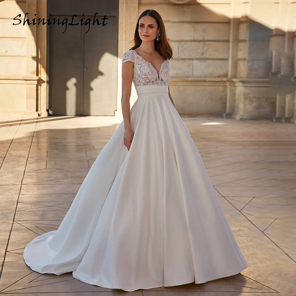 

Vestidos De Novia Elegant A Line Satin Wedding Dress for Bride V Neck Cap Sleeves Backless Boho Civil Crides Dresses Customized