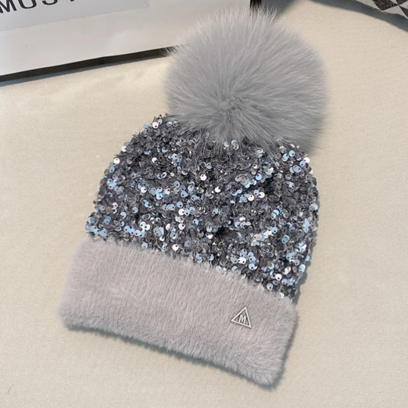 Natural Fox Fur Pompon Elastic Hat Thick Winter for Women Child Cap Mink Cashmere Sequins Hat Female Skullies Beanies