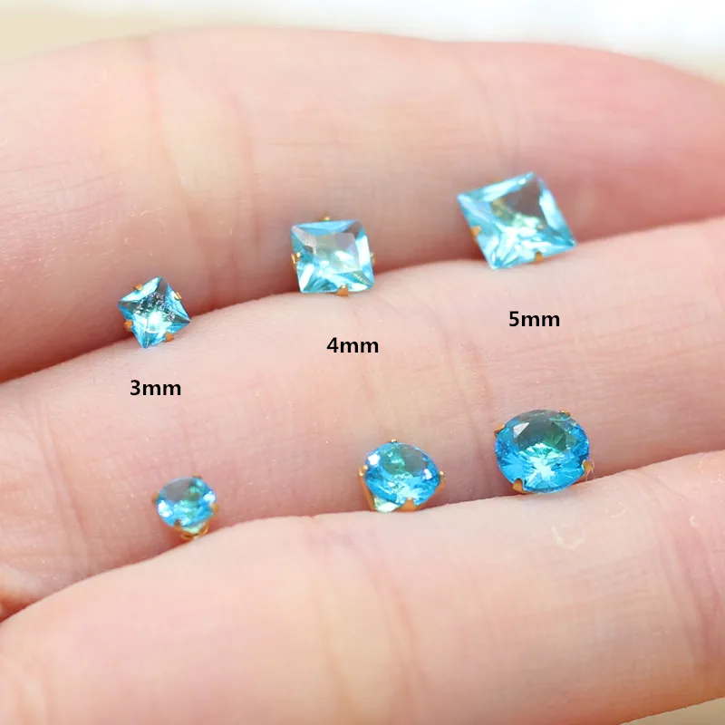 2 pc lot Circle And Square Shape Ocean Blue Zircon Brief Stainless Steel Womne Men  Stud Earrings No Easy Fade Allergy Free