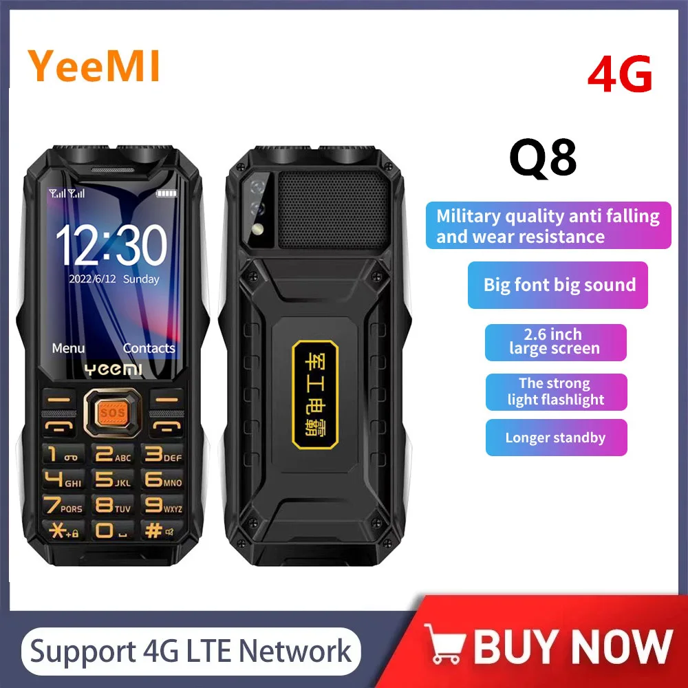 

YeeMI Q8 Rugged Waterproof 4G Full Band Feature Phone 2.6Inch HD SOS Button Big Loudspeaker LED Light 16800mAh Battery Cellphone