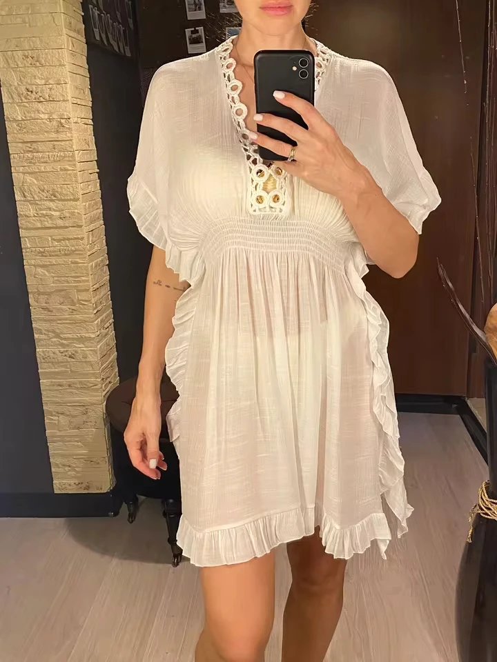 V Neck White Short Sleeve White Beach Dress Tunic Beach Cover Up Cover-ups Beach Dress Beachwear Female Women Beach Wear V6333
