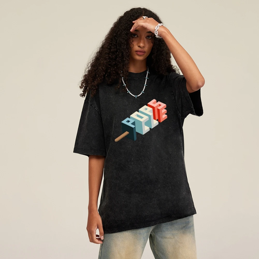 

Popcicle Tee Distressed 3D Letter Popsicle Print Casual Loose Short Sleeved Summer Casual Playful Unique Comfortable Top