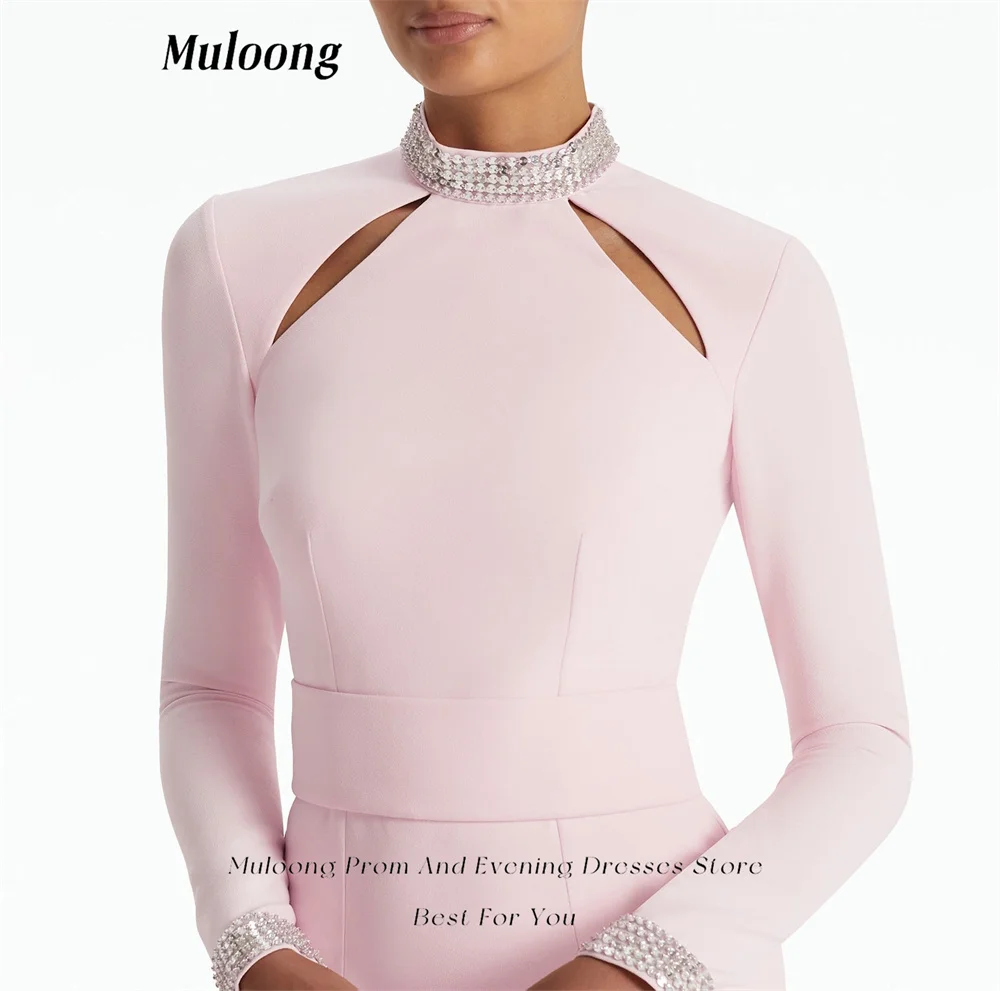 Muloong Pink Mandarin Collar and Front Neck Cutout Evening Dress Crystal Mirror Disc Embroidery Mermaid Haute Couture Dress