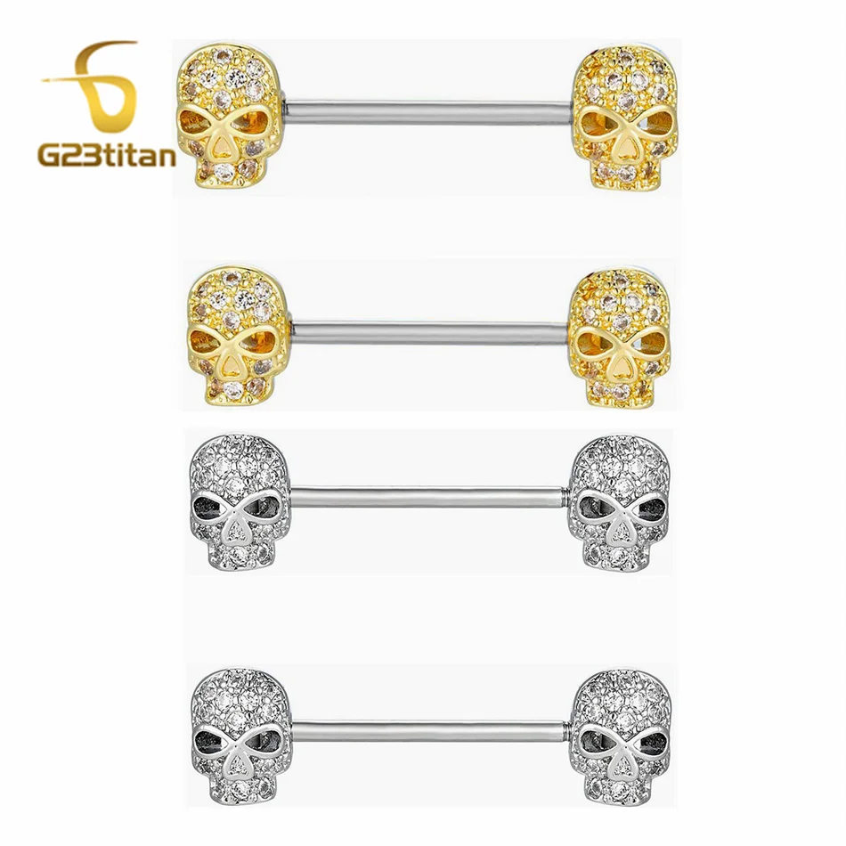 2pcs Zircon Demon Skull Nipple Rings Earl Bridge Piercing Barbells 1.2mm 16G F136 Titanium Lobe Earrings Punk Halloween Jewelry