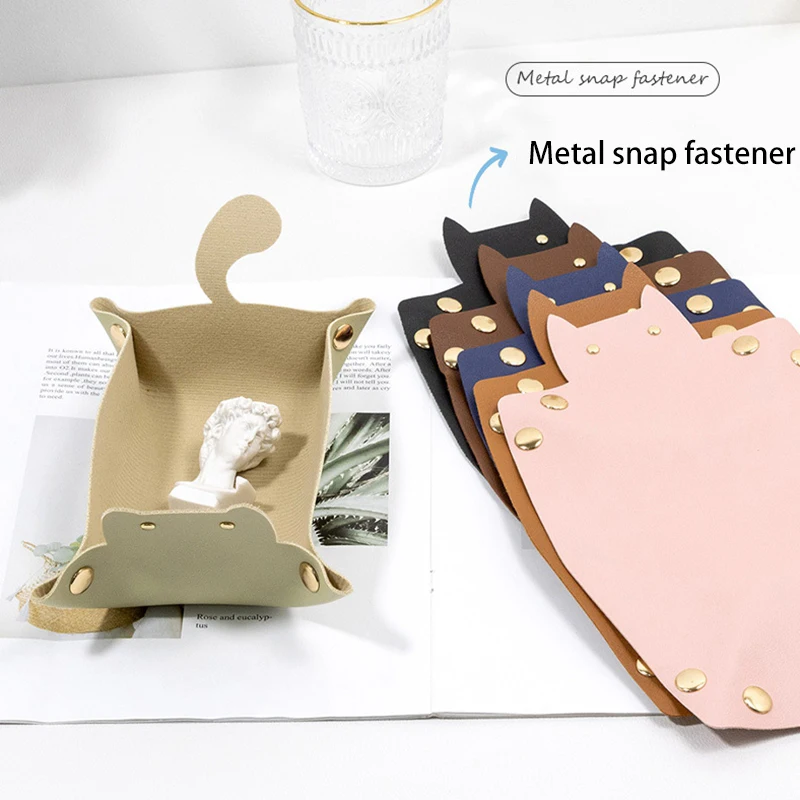

Cute Vintage Cat Shape Folding Leather Storage Tray Desktop Cosmetic Stuffs Key Jewelry Organizer Pu Home Room Entrance Decor