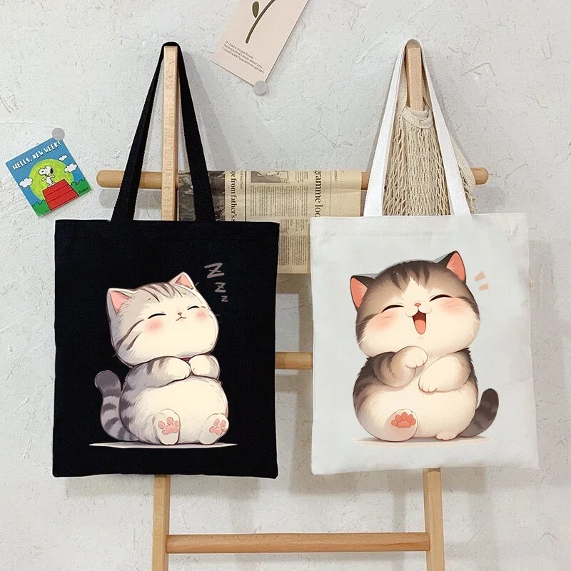 Japanese Style Lazy Cats Print Handbags Women Cartoon Animal Kitten Shopper Shopping Bags Reusable Fashion Trend Shoulder Bags