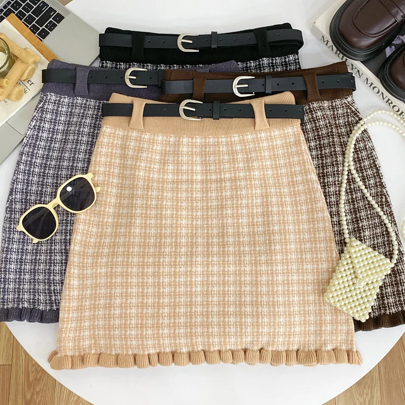 

Вязаная короткая юбка с высокой талией и поясом, в клетку, облегающая, для осени и зимы, модная, для повседневной носки