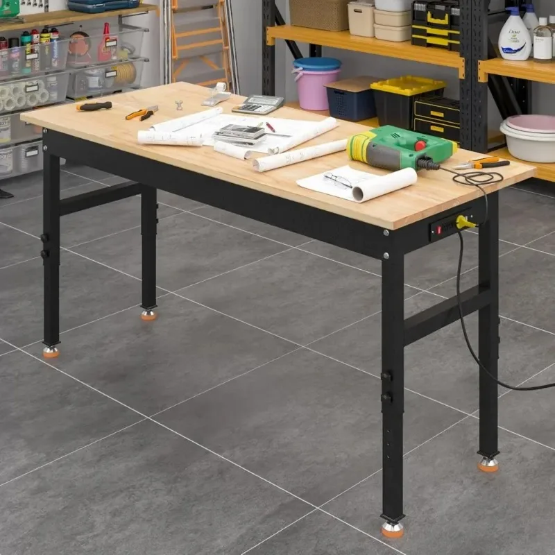 Mesa de trabalho resistente da bancada de madeira de borracha com tomada de energia, capacidade de carga de 2000 libras, bancada de trabalho ajustável de 48"