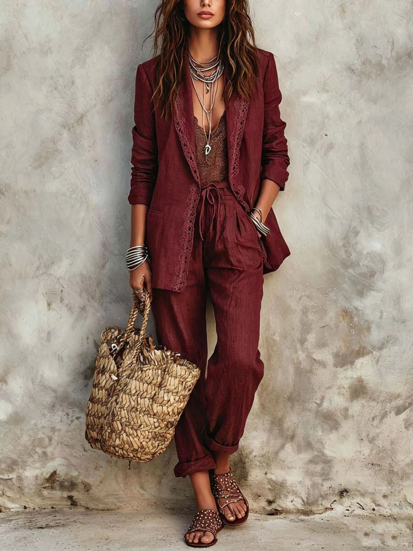 Casual Blazer Two Piece Set Women Outfits Autumn Fashion Elegant Loose Lace Splice Long Sleeve Jacket with Wide Leg Pants Suits view 6