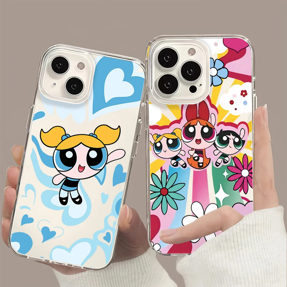 MINISO P-Powerpuff Cute G-Girls Cartoon Phone Case For iPhone 11 13 16 15 14 12 Pro Max Plus Clear Transparent Soft Shell