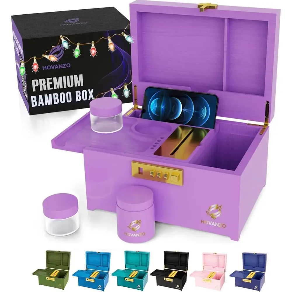 

Large Bamboo Storage Box with Combination Lock - Decorative Wooden Box Set Including Lid, Tray, and Jars