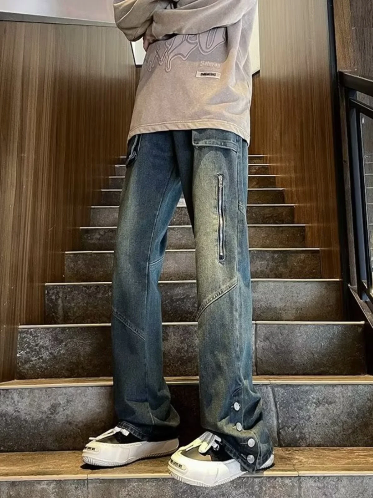 

Американские винтажные джинсы на пуговицах, мужские модные свободные прямые брюки в стиле High Street, брюки-карпентеры.