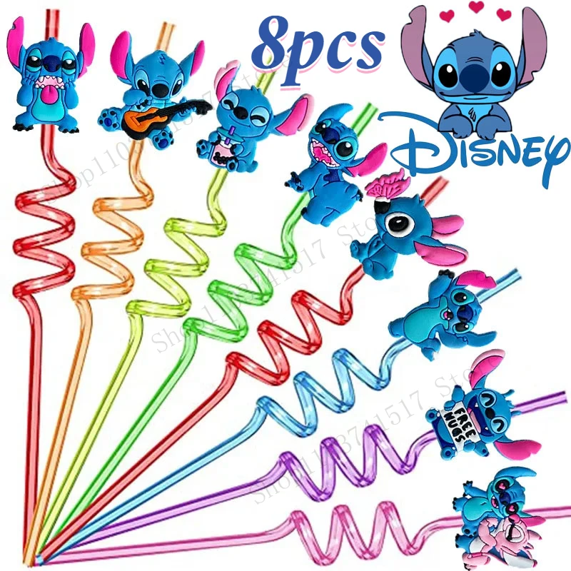 

8pcs Disney Lilo & Stitch Straw Cute Cartoon Reusable Straws PVC Soft Rubber Kids Birthday Party Supplies Baby Shower Supplies