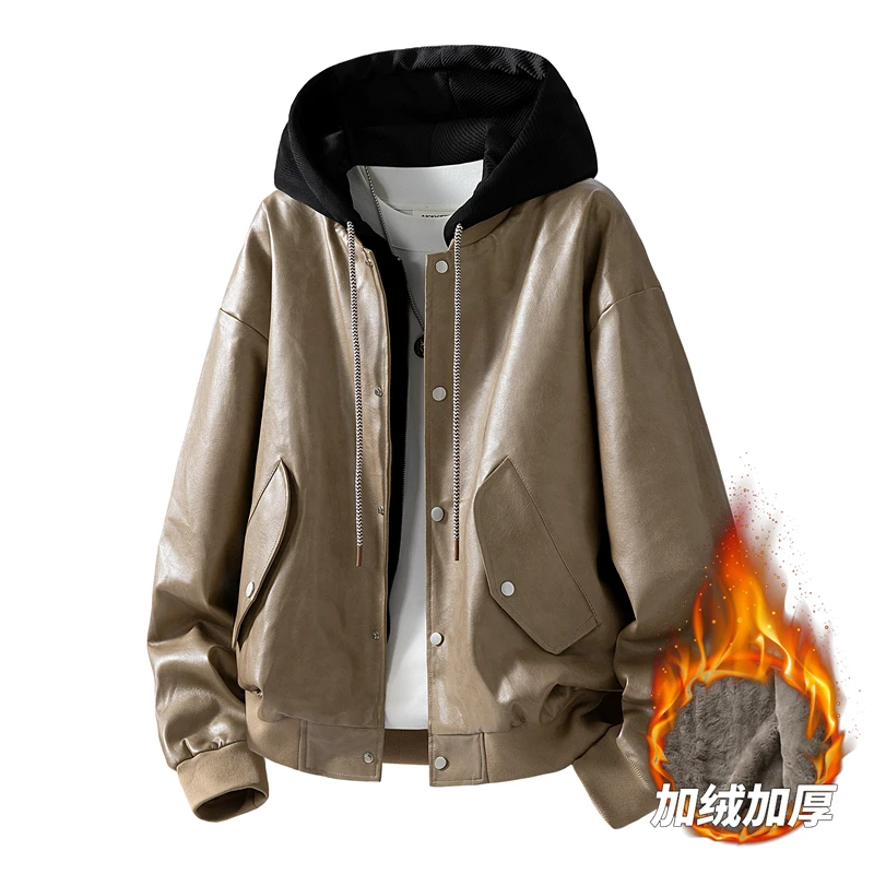 

Casual Hooded PU Leather Jackets for Men Outdoor Fashion Windproof Male Clothes Quality Warm Cotton Jackets Winter New Thicken