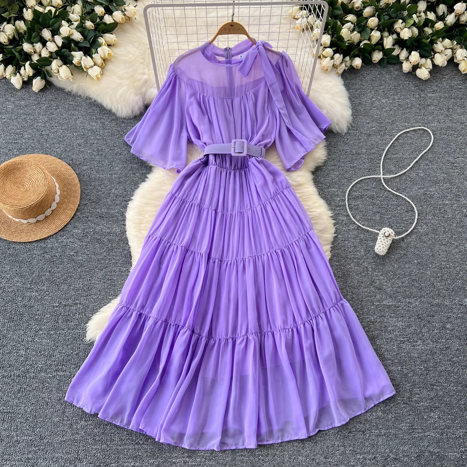 Vintage  Elegant lace-up o neck Flare Sleeve chiffon sweet Dress Women basics Fashion summer Spring dresse