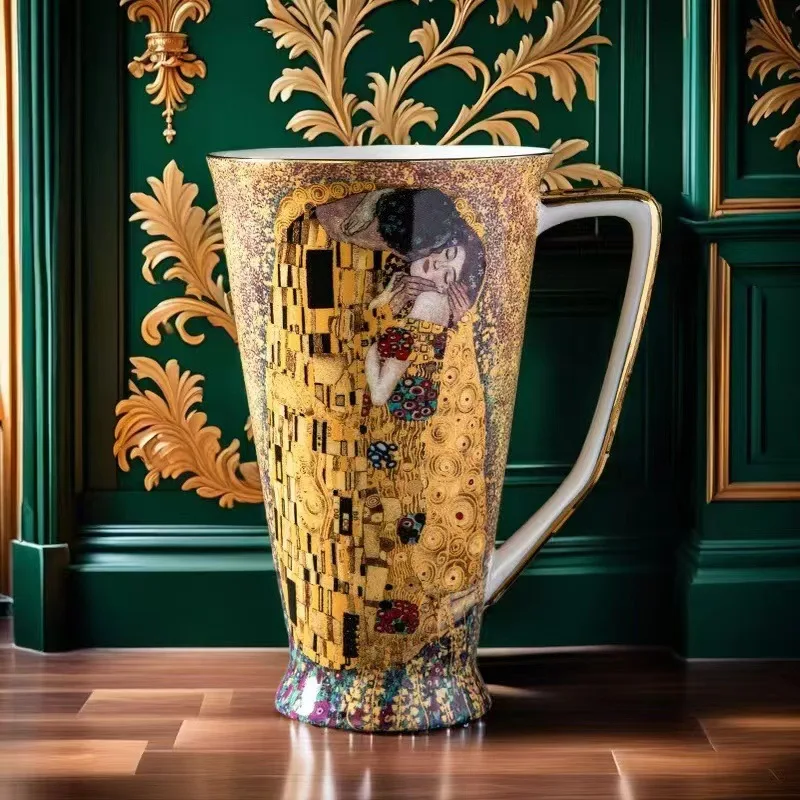Bone China Oil Painting Style Large Capacity Mug Vintage Gold Trim Loop Handle Gift Box Porcelain Coffee Cup