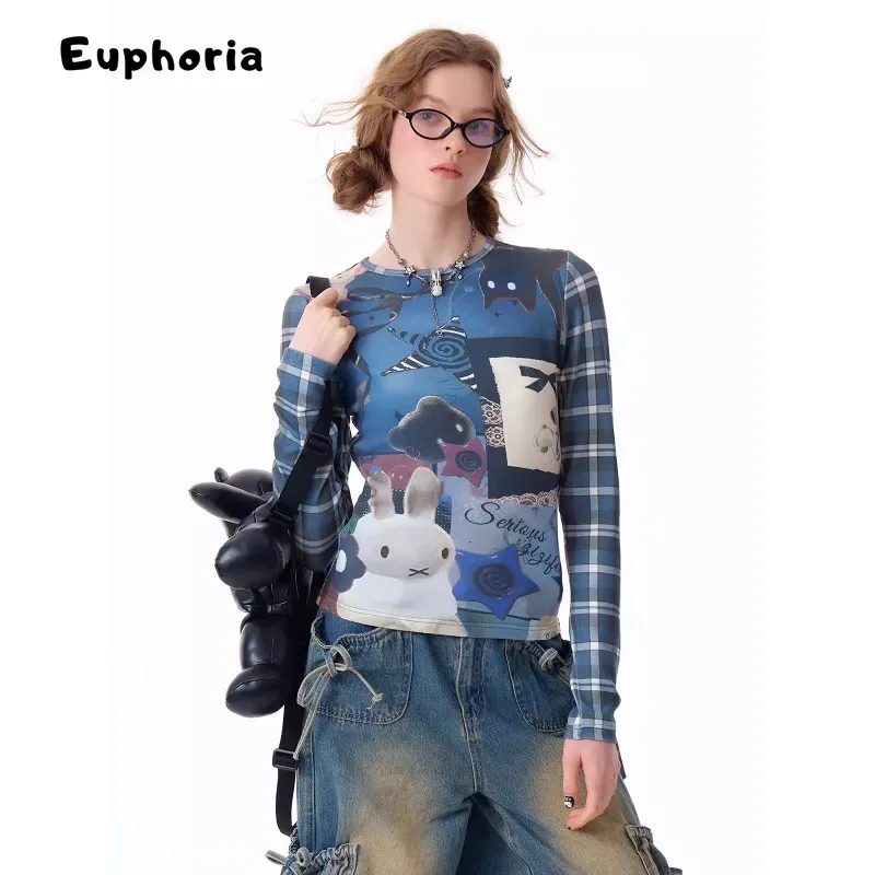 تي شيرت Euphoria Y2K غير رسمي منقوش بأكمام طويلة ورقبة مستديرة تي شيرت نسائي صيفي موضة 2000S تي شيرت علوي