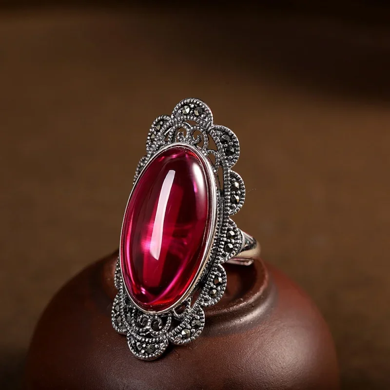 100% S925 Sterling Silver Women's Charm Ring  New Fashion Hollowed Out Exaggerated Flower Inlaid Corundum Garnet Agate Jewelry