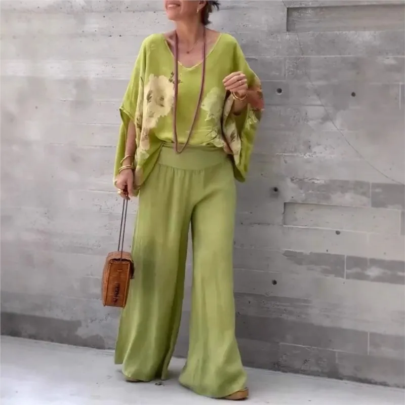 

Summer Fashion Printed Two Piece Set Women Casual Loose Batwing Sleeve Top Wide Leg Pants Two Piece Sets 2025 Women Outfit
