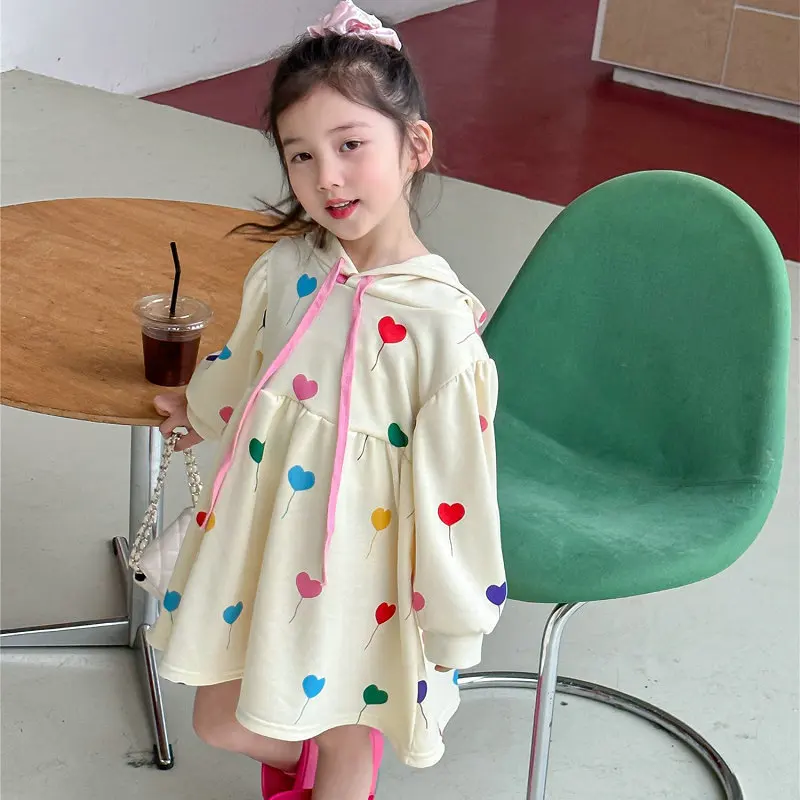 Girls' Dress Colorful Heart Balloon Dress Sweatshirt Dress25Spring and Autumn New Fashion Foreign Trade Children's Clothing Whol