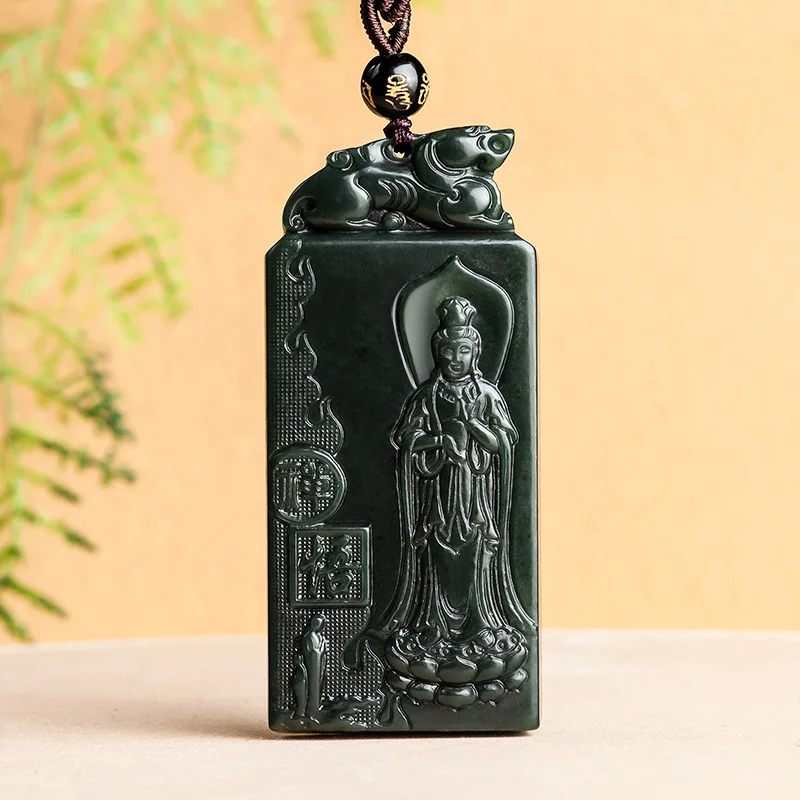 

Натуральный старый материал Хотан Нефрит черный нефрит Гуаньинь Бодхисаттва нефритовый просветляющий фигурка Будды мужской и женский кулон ювелирные изделия