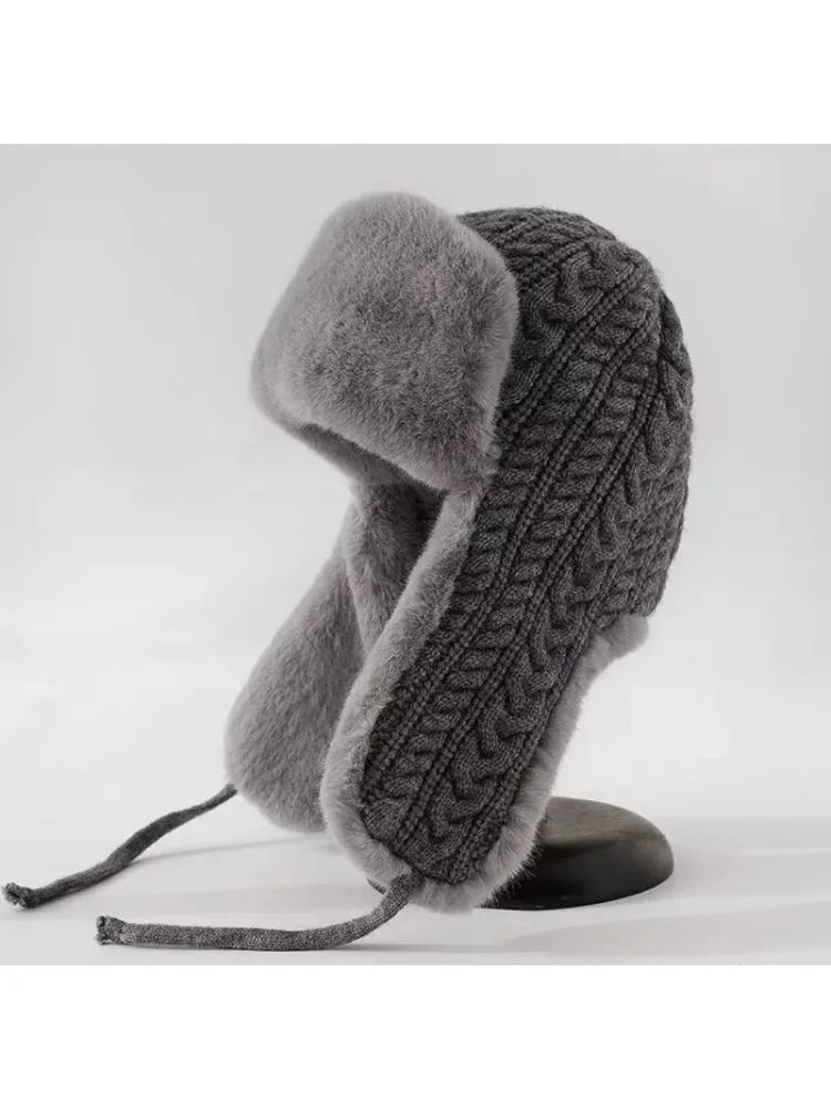 AliExpress NONE Thickened Korean Style Beanie for Cycling Women's Windproof Winter Knit Hat with Adjustable Tie Ear Flaps