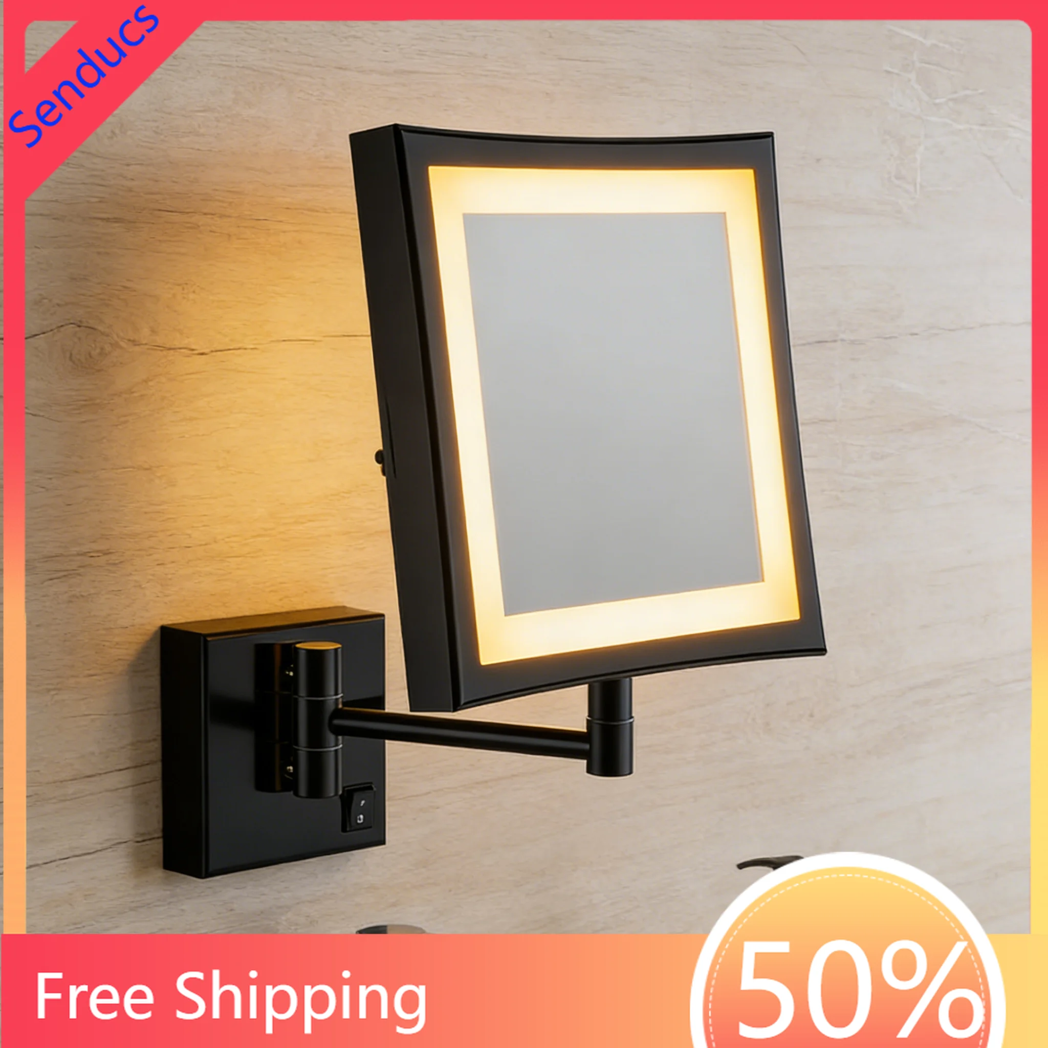 Brass Led Folding Bathroom Mirror with 3X Magnifying Square Bathroom Fixture Makeup Mirror Black Led Lighted Bathroom Mirror