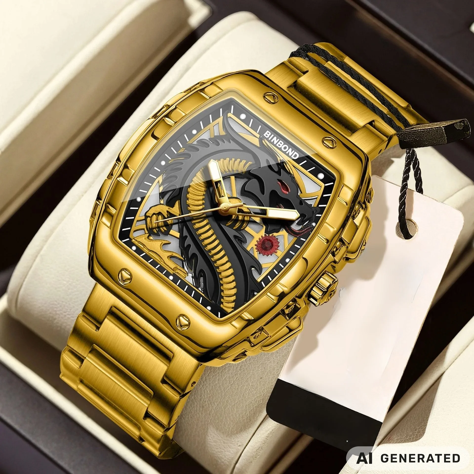 Fashion Men's Watch Golden Tonneau Wristwatch Dragon Dial Stainless Steel Band Waterproof Quartz Watch Luxury Male Clock Gift
