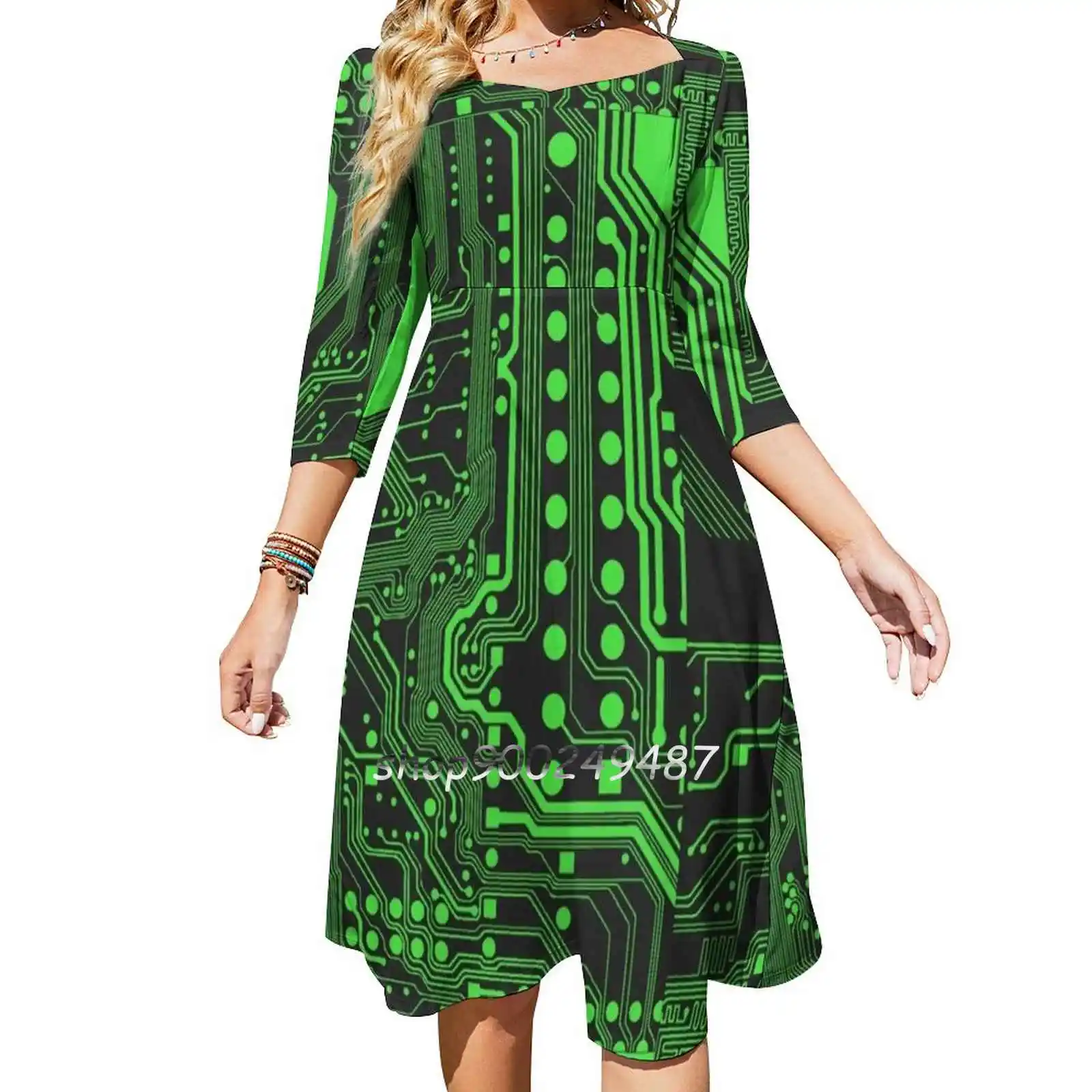 Electric Circuit Pattern Flare Dress Square Neck Dress Elegant Female Fashion Printed Dress Electric Circuit Pattern Eighties