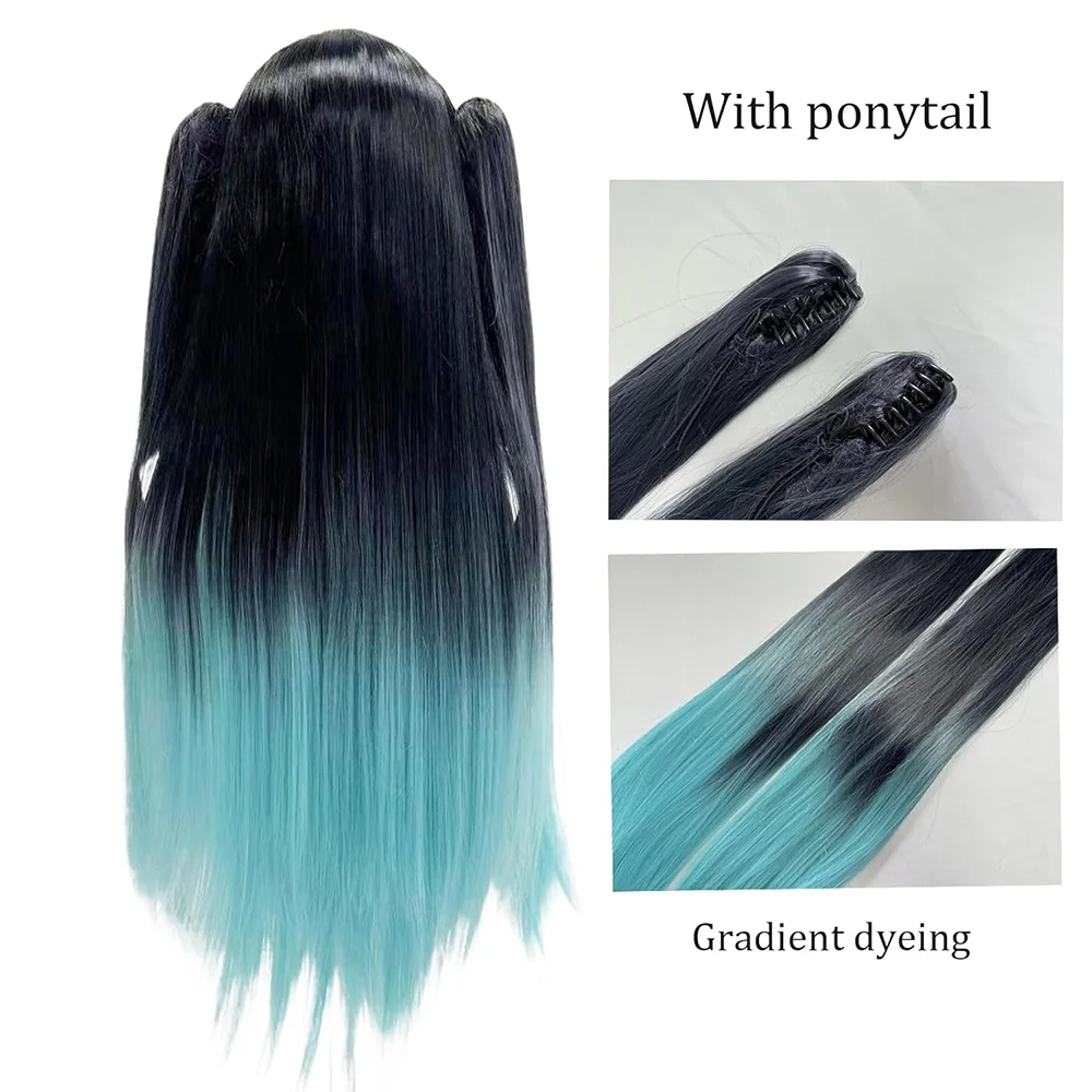 Kostum Anime Demon Slayer: Kimetsu No Yaiba, Rambut Lurus Panjang 32 Inci dengan Wig Halloween Gradasi Hitam dan Biru