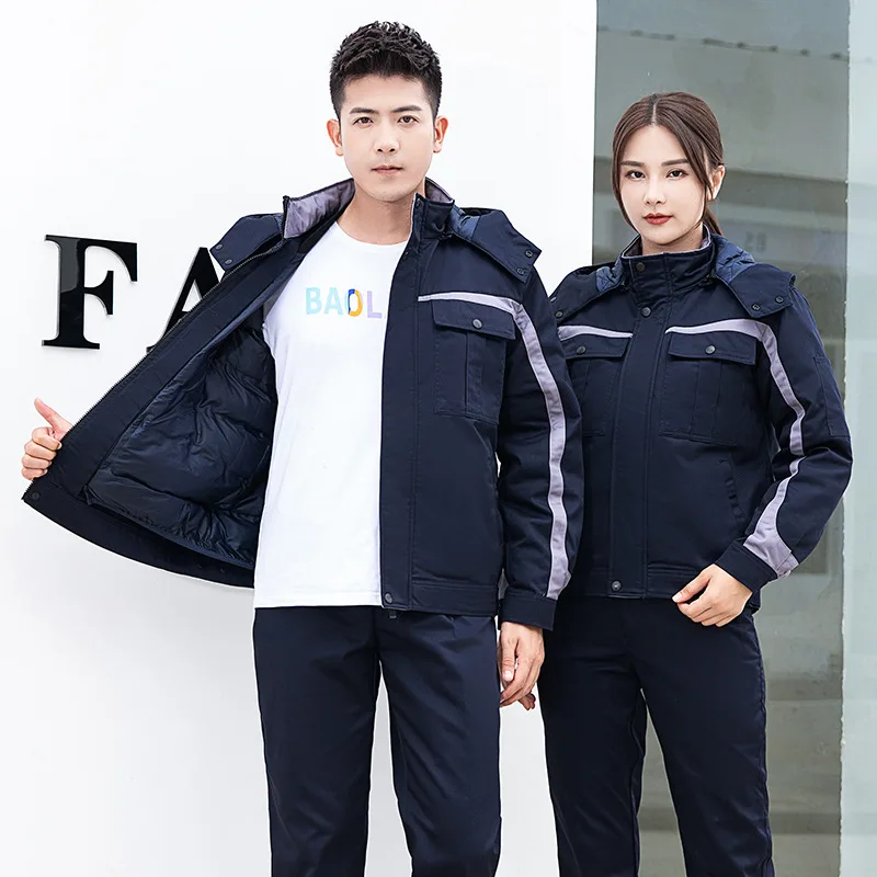 冬の作業服綿パッド入り暖かい厚いメンズフード付き労働者スーツジャケットコントラストカラーワークコートワークショップサーマルオーバーコート