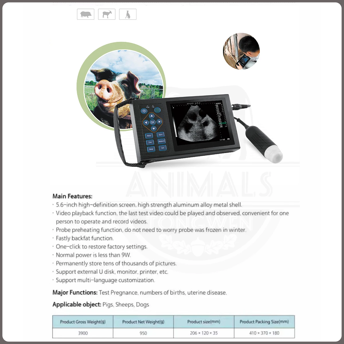 Handheld Vet Ultrasound Machine 5.6 Inch Screen Mechanical Probe for Pregnancy Testing Birth Count Uterine Disease in Pigs Sheep
