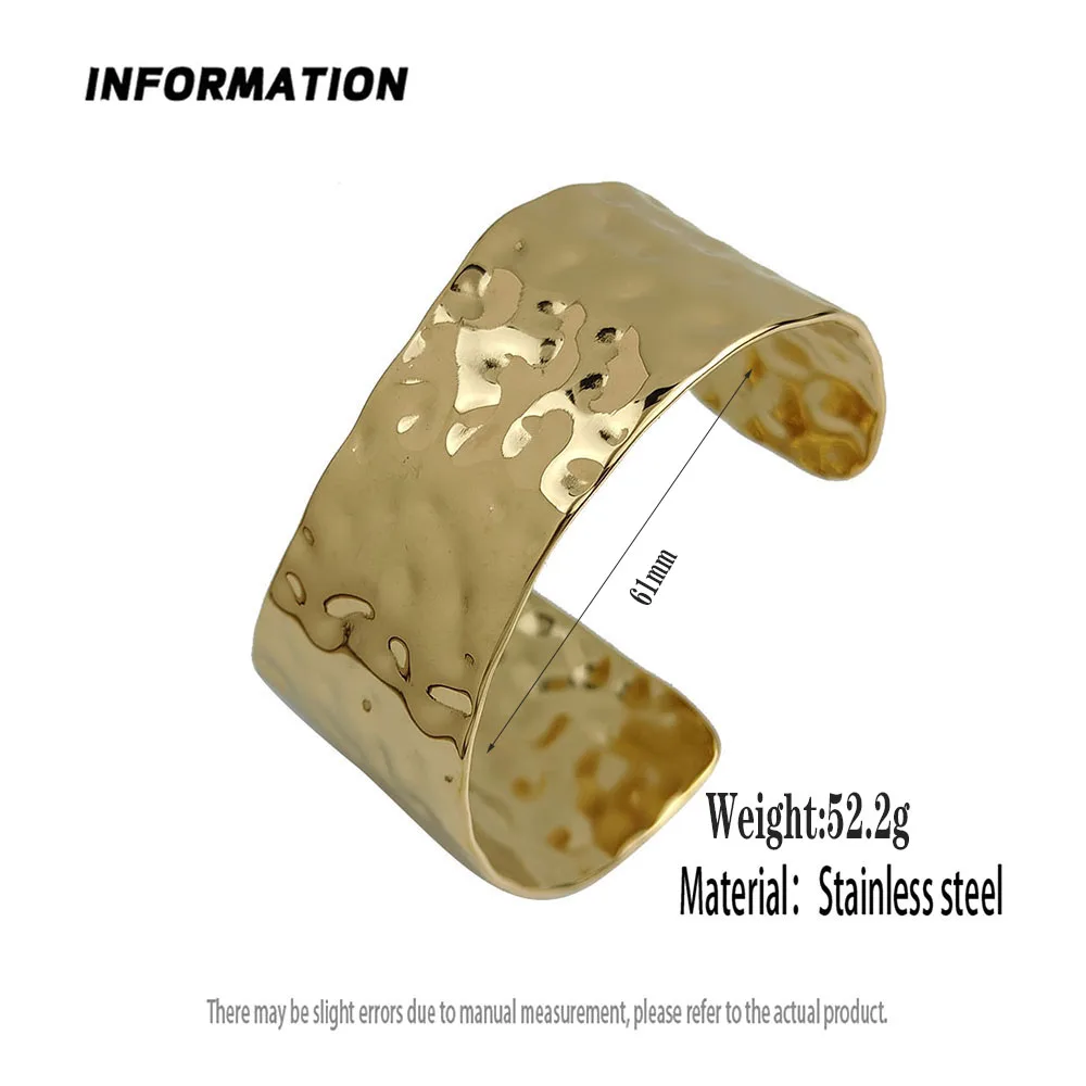 316L Stainless Steel 18K Gold Plated Hammered Dimple Open Cuff Wide Bangle Irregular Textured Minimalist Bracelet For Women