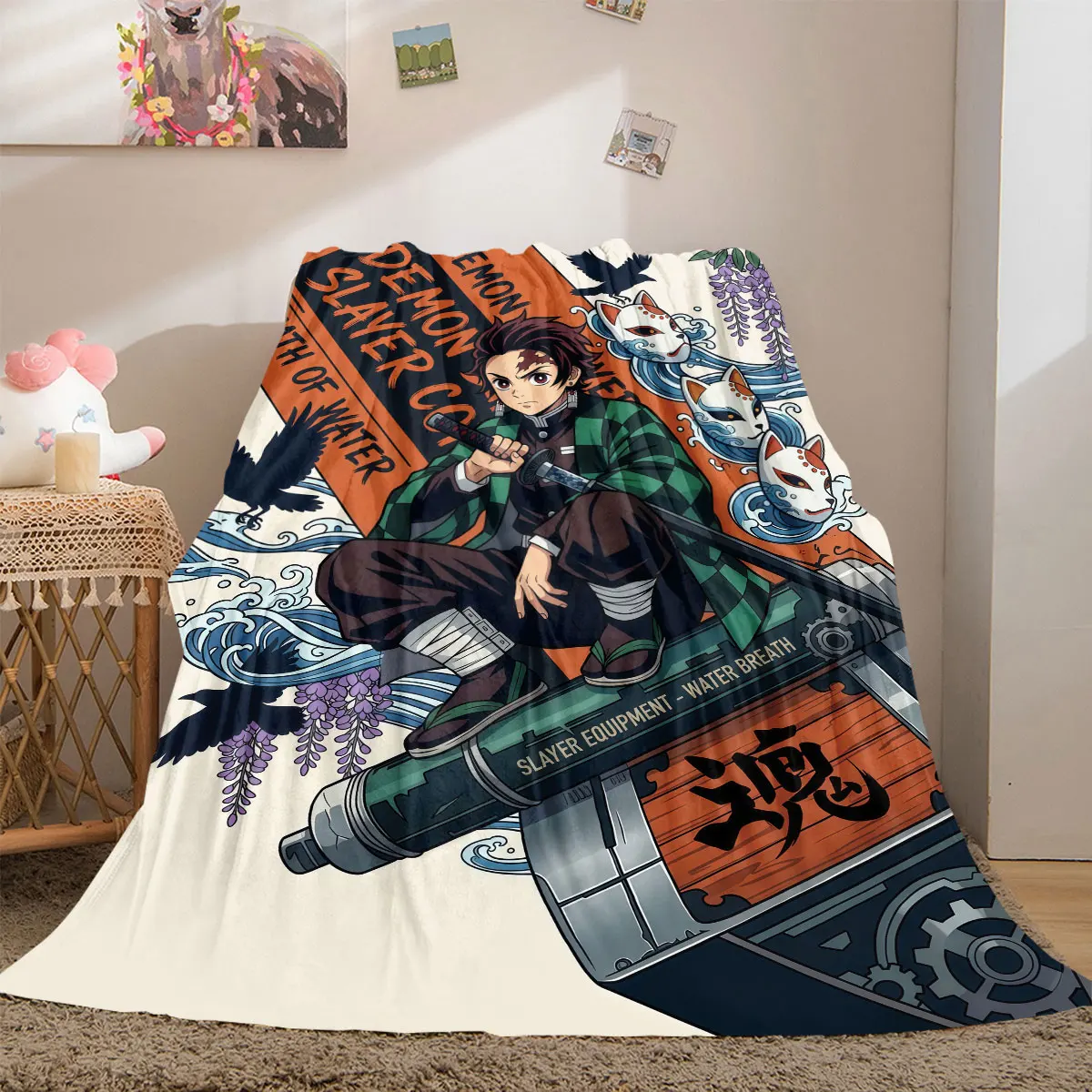 Demon Slayer Deluxe 2D Cartoon Flannel Blanket, Printed Art for Sofa, Soft Bedding for Travel Picnic Rug_LIAN