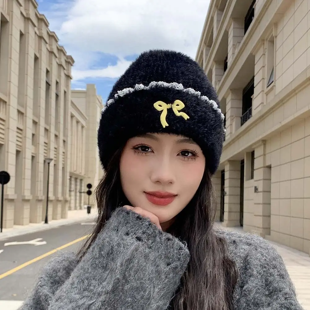 Cute Solid Color Bow Beanies Lace Edge Keep Warm Knitted Pullover Hat Korean Style Wool Ear Protection Cap Girls