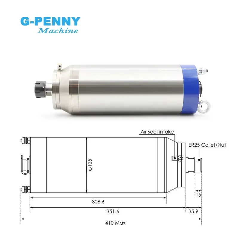 G-penny 5.5KW ER25 Stone Working Spindle Motor Water Cooling Nozzle Bullet Type 380v / 220v 4pcs Ceramic Ball Bearings