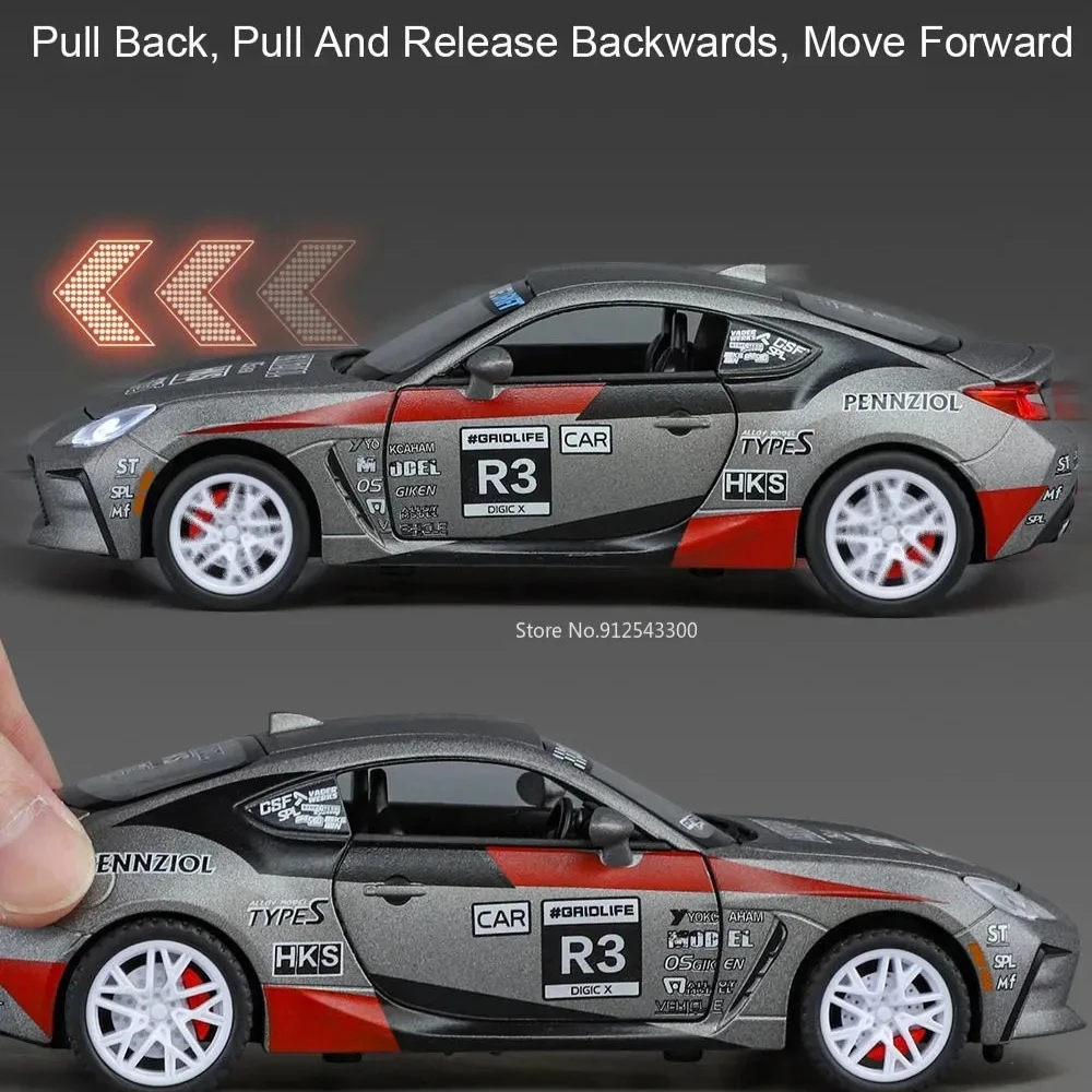 Modelo de coche Crown GR86, escala 1:32, puertas de juguete, luz musical abierta, decoración de vehículos en miniatura, colección de modelos, juguetes, regalos para niños