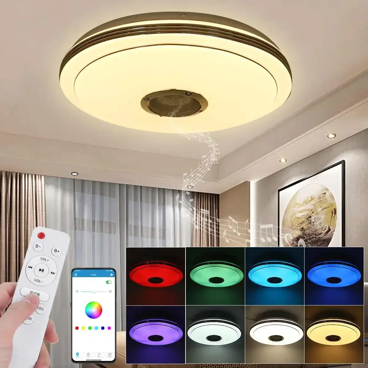 Imagem -02 - Modern Rgb Dimmable Música Lâmpada do Teto Controle Remoto e App Luzes de Teto Led Home Bluetooth Speaker Luminária 220v 300w