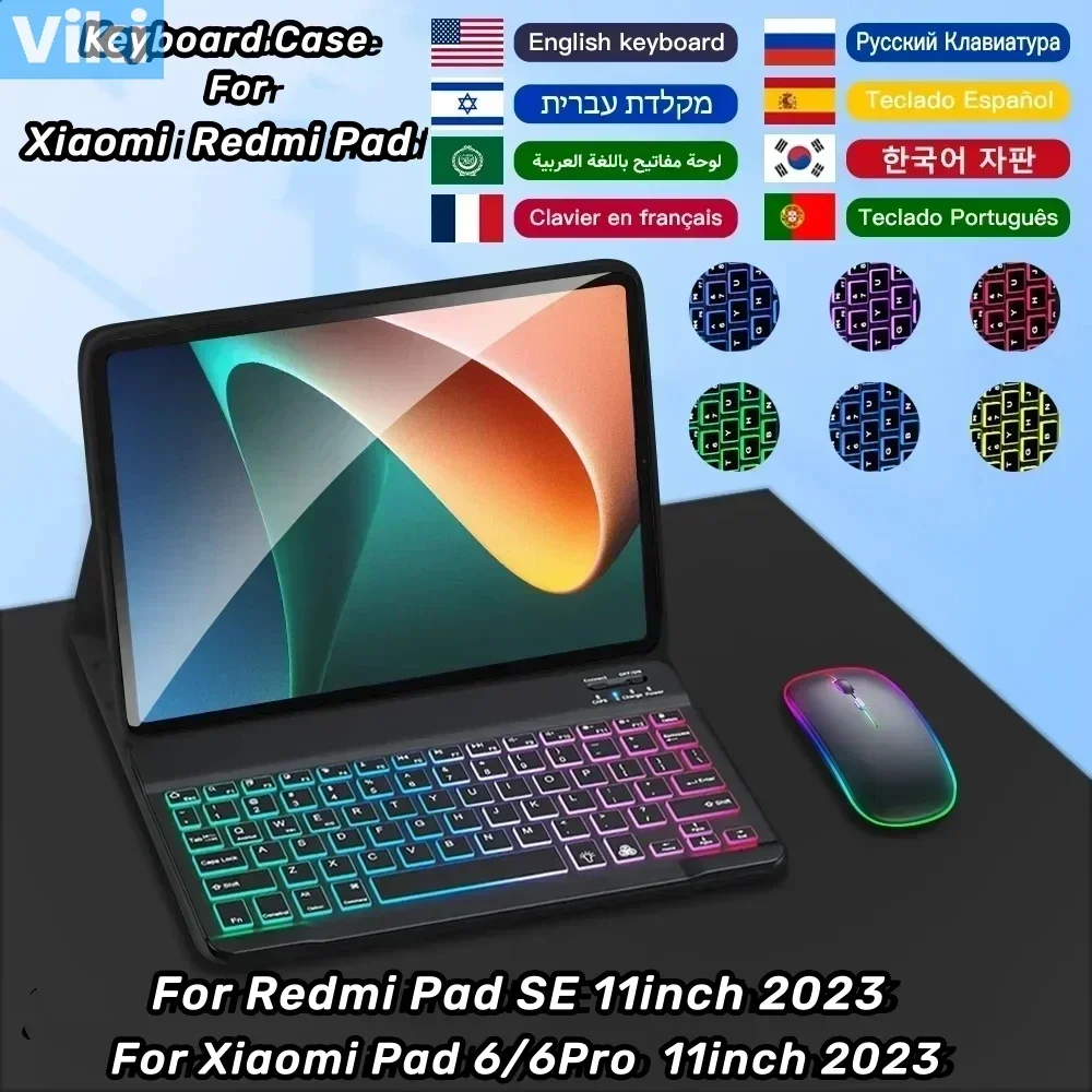 

Чехол с клавиатурой для Xiaomi Redmi Pad SE 2023, 11 дюймов, испанский, русский, португальский, арабский, с подсветкой, клавиатура для Xiaomi Pad 6/6 Pro Case