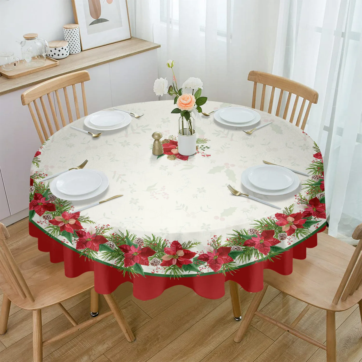 

Christmas Tablecloth Poinsettia Flower Round Tablecloth Waterproof Wedding Party Table Cover Christmas Dining Table Tablecloth