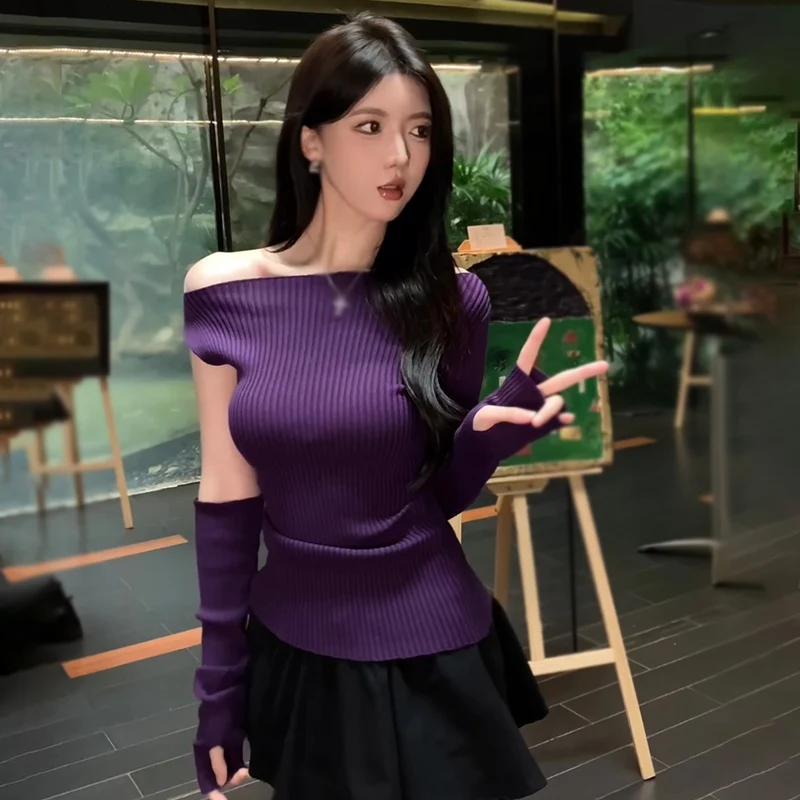 

Off Shoulder Knitting Slim Fitting Women's Long Sleeves Autumn Sweater Female Tops Design Sense Temperament