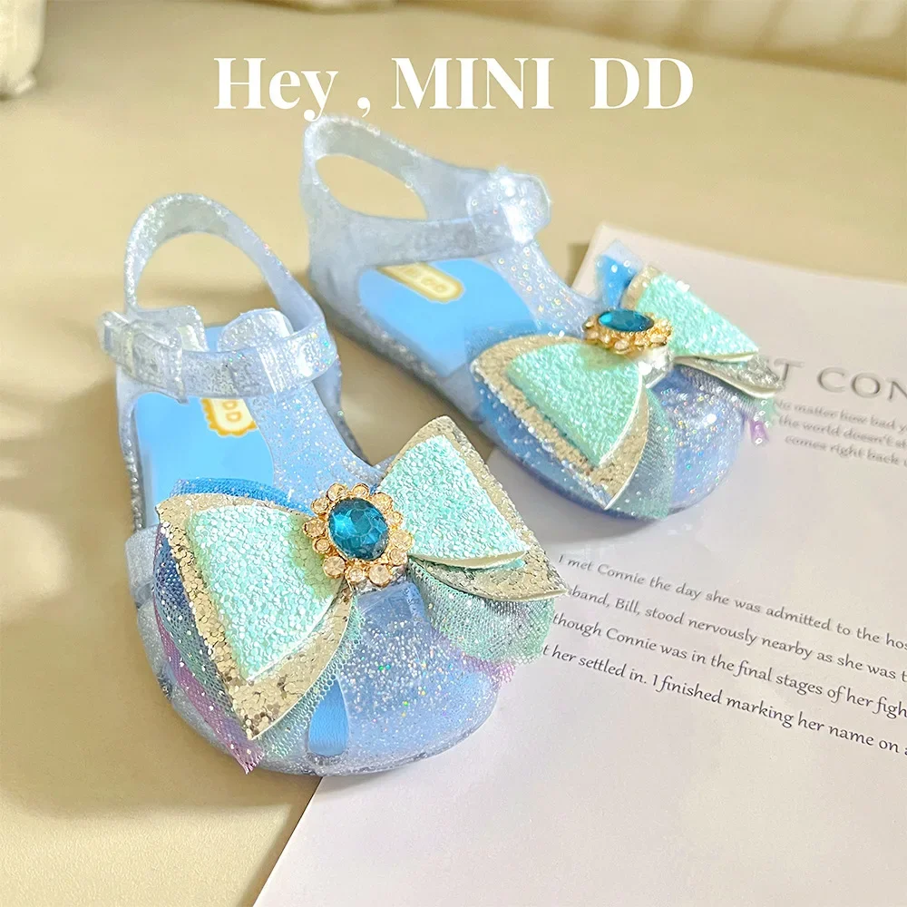 2024 Summer New Girls' Soft Sole Princess Sandals Crystal Bow Baby Jelly Sandals Non Slip Kids Causal Beach Shoes