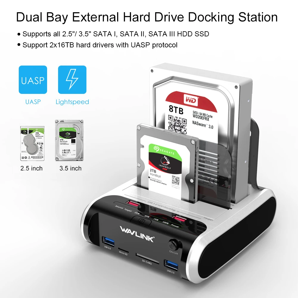 Wavlink Dual Bay USB 3.0 to SATA Hard Drive Enclosure SATA HDD Docking Station HDD Box Offline Clone&UASP for 2.5\